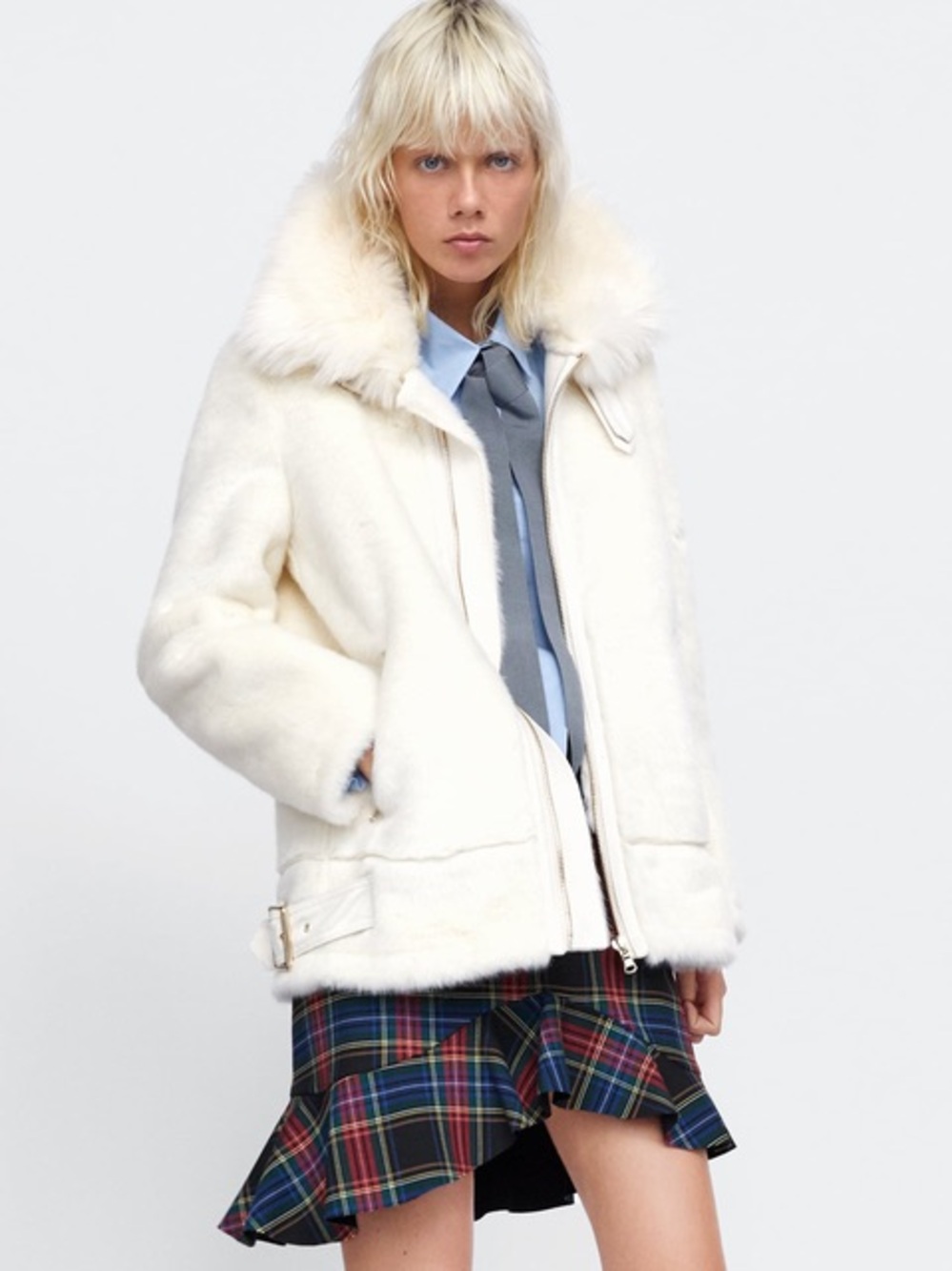 Zara Ivory Faux Fur Aviator Jacket Moto Jacket Cream Oversized Size XS